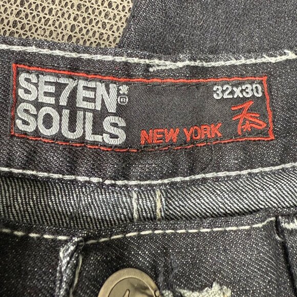 Se7en Souls Mens Size 32x30 Black Straight Fit Denim Jeans Distressed Style - Picture 3 of 9